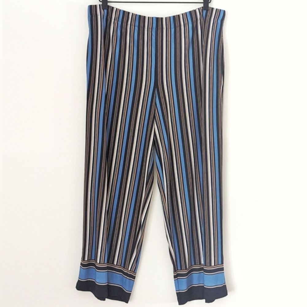 Susan Graver Blue Brown Wide‎ Leg Striped Liquid Knit Pull on Pants w Pockets L